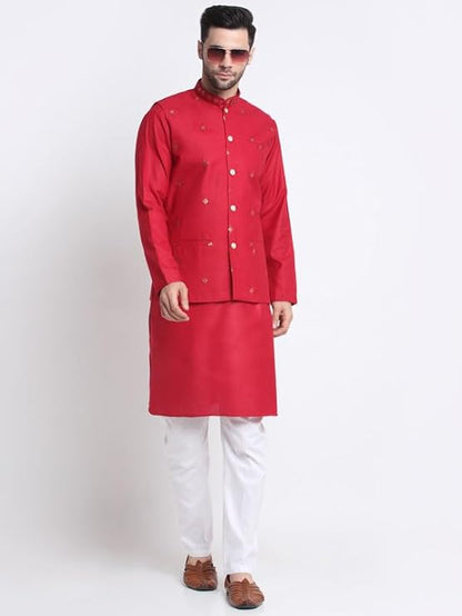 Men's Cotton Blend Solid Kurta and White Elastic Waistband Pyjama With Cotton Embroided Sequenced Nehru Jacket