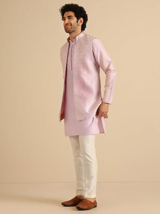 Men Lilac Textured Kurta Jacket Trouser Set
