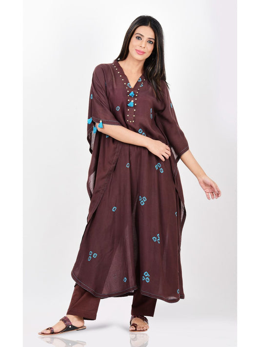 Brown And Turquoise Dual Bandhani Tie Dye Kaftan Kurta
