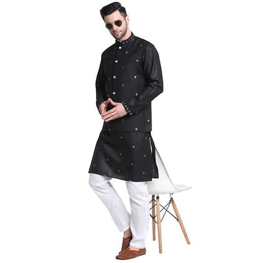 Men Ruby Cotton Sequence Embroided Kurta Trouser With Nehru Jacket