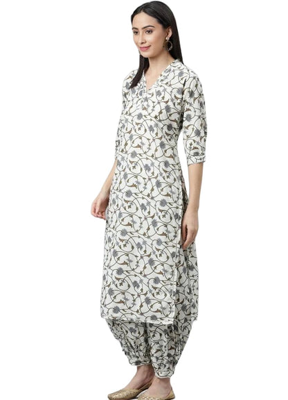 LookMark Women's Trendy Printed Cotton Blend Straight White Color Kurta and Afghani Pant Set