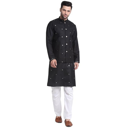 Men Ruby Cotton Sequence Embroided Kurta Trouser With Nehru Jacket