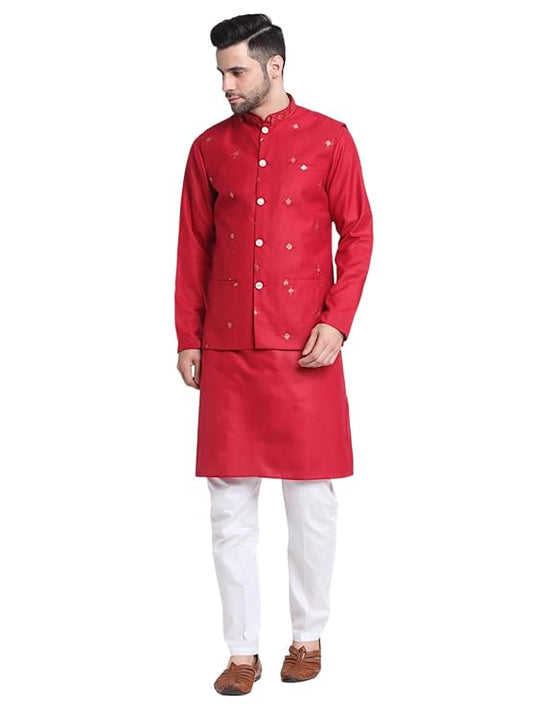 Men's Cotton Blend Solid Kurta and White Elastic Waistband Pyjama With Cotton Embroided Sequenced Nehru Jacket