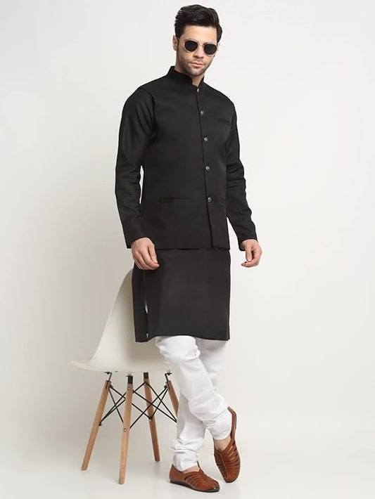 Men's Cotton Solid Black Kurta Churidar