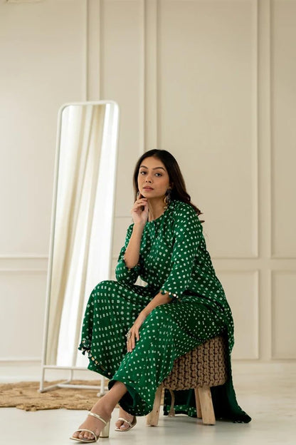 LookMark Women Cotton Blend Bandhej Printed Bandhani Kurta Palazzo Set With Sequence Lace