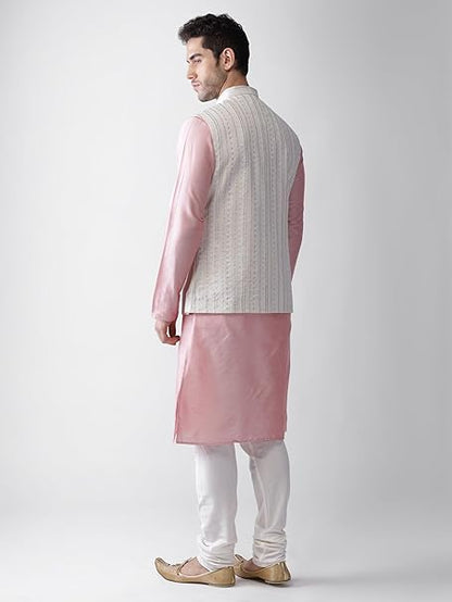 KISAH Men Pink Kurta Jacket (Waistcoat/Modi/Nehru) & Pyjama Combo