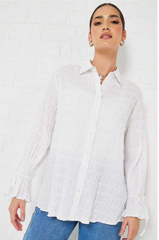 Women Textured Oversized Longline Shirt with Buttons