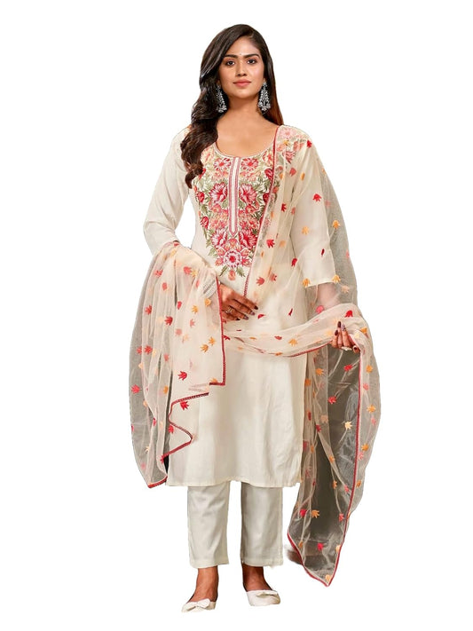 LookMark Women's Embroidered Cotton Kurta Set: This Elegant Ensemble for Special & Casual Wear, Includes a Straight Kurta, Pants & Dupatta - a Perfect Blend of Style & Comfort