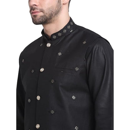 Men Ruby Cotton Sequence Embroided Kurta Trouser With Nehru Jacket