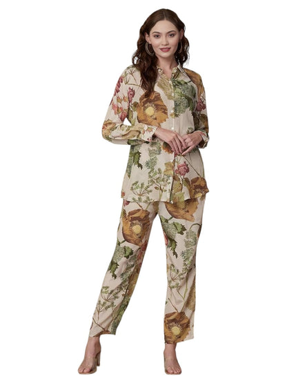 LookMark Women's Cotton Blend Floral Printed Full Sleeves Hip Length Button Down Collared Kurti Set | Kurta Set for Women