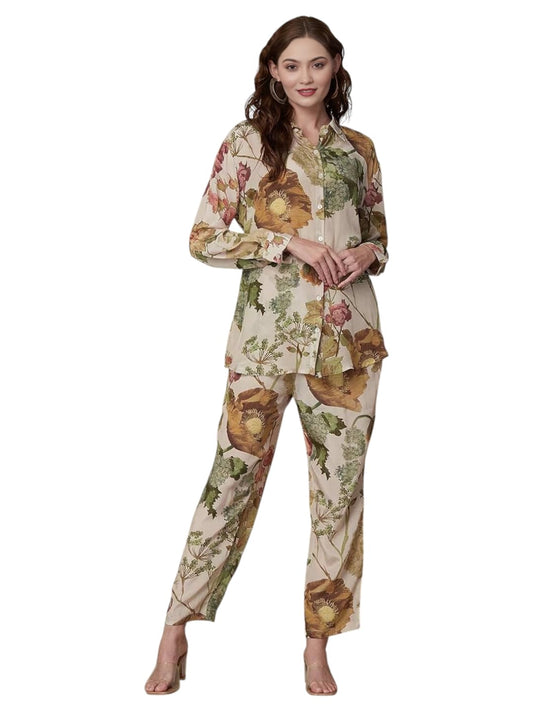 LookMark Women's Cotton Blend Floral Printed Full Sleeves Hip Length Button Down Collared Kurti Set | Kurta Set for Women