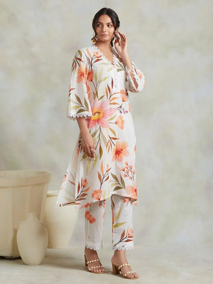 LookMark Women's 3/4 Sleeve Floral Printed Kurti Pant Set, Cotton Blend, Knee Length, Stylish Ethnic Outfit, Office, and Casual Occasions