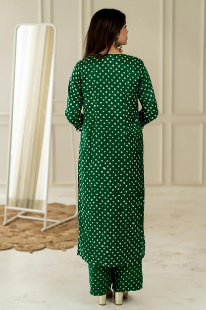 LookMark Women Cotton Blend Bandhej Printed Bandhani Kurta Palazzo Set With Sequence Lace