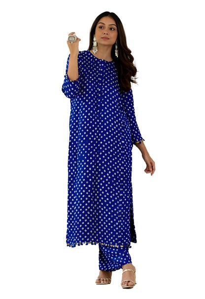 LookMark Women Cotton Blend Bandhej Printed Bandhani Kurta Palazzo Set With Sequence Lace