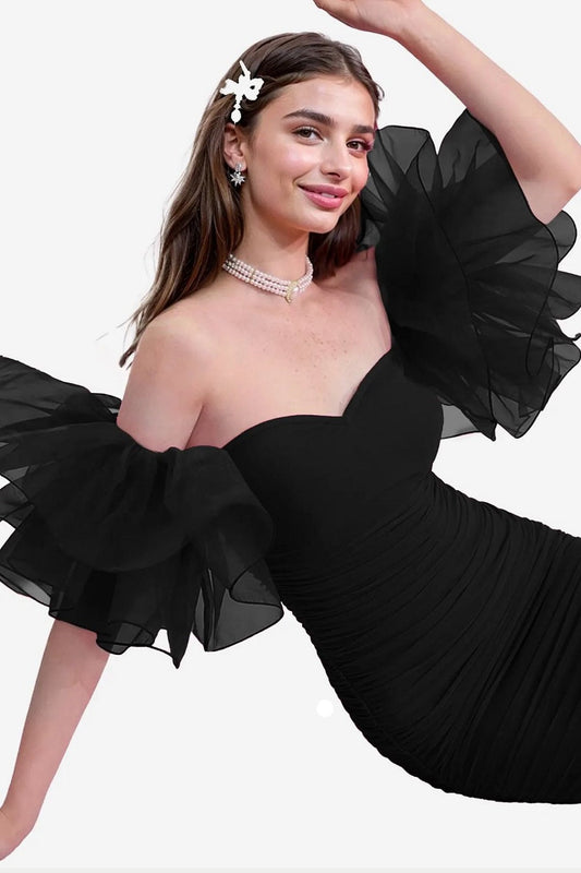 Women's Off Shoulder Prom Dress Puff Sleeve Ruched Mesh Cocktail Bodycon