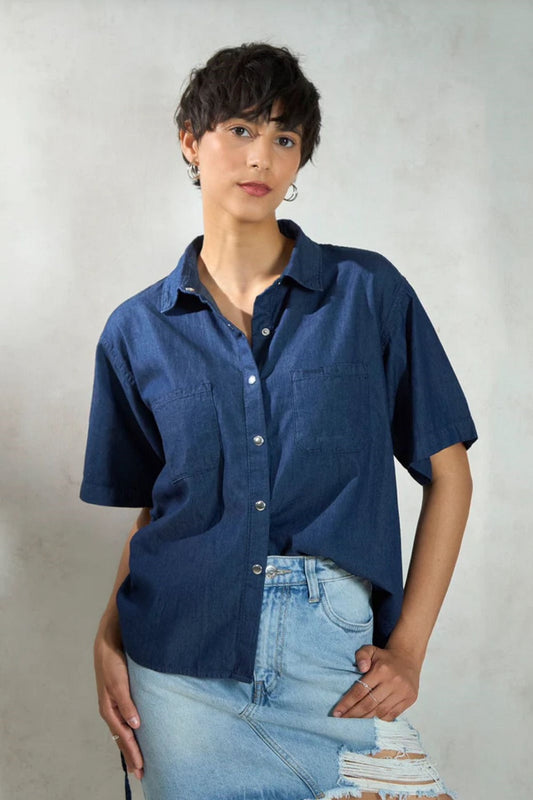 Women Boxy Fit Shirt with Patch Pocket