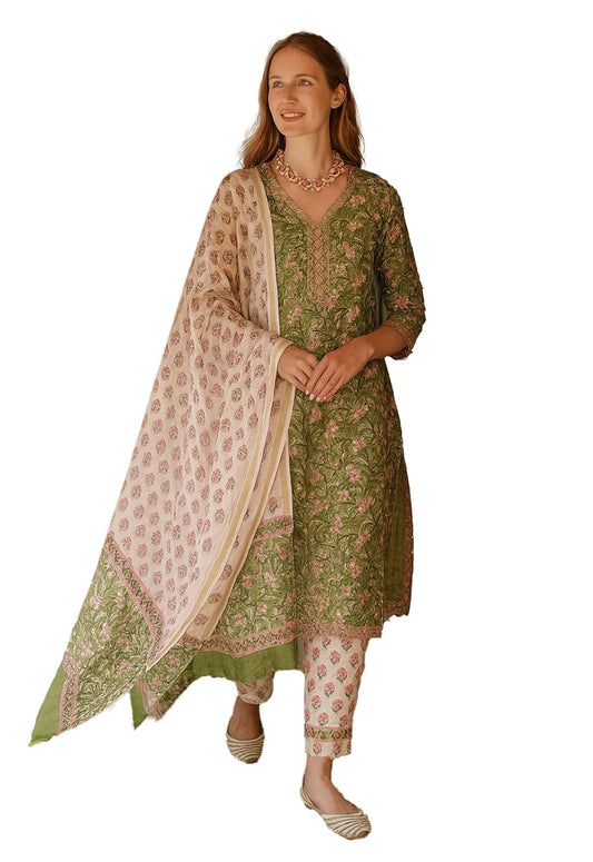 LookMark Women's Cotton Blend Printed Kurta with Pant & Dupatta| Kurta with Pants and Dupatta Set