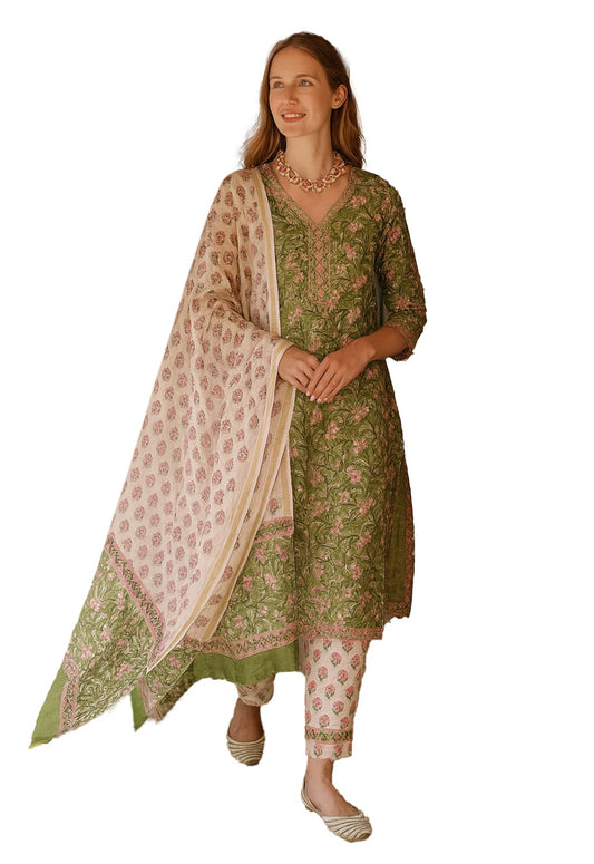 LookMark Women's Cotton Blend Printed Kurta with Pant & Dupatta| Kurta with Pants and Dupatta Set