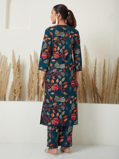 LookMark Women's 3/4 Sleeve Floral Printed Kurti Pant Set, Cotton Blend, Knee Length, Stylish Ethnic Outfit, Office, and Casual Occasions