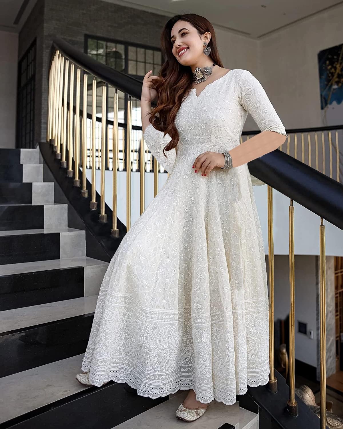 LookMark Women's Cotton Straight Fit Straight Chikankari Long Kurti Gown