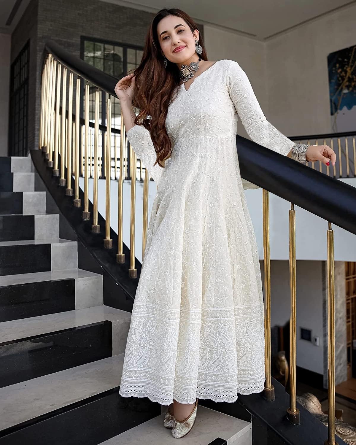 LookMark Women's Cotton Straight Fit Straight Chikankari Long Kurti Gown