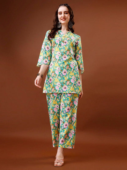 LookMark Women Women's Trendy Printed Cotton Blend Straight Light Green Color Kurta and Palazzo Set (KS2075-XL)
