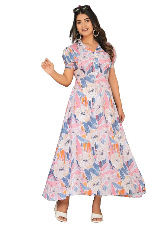 Women's Rayon Fit and Flare Printed Cap Sleeve V-Neck Casual Maxi Dress WesternStitch