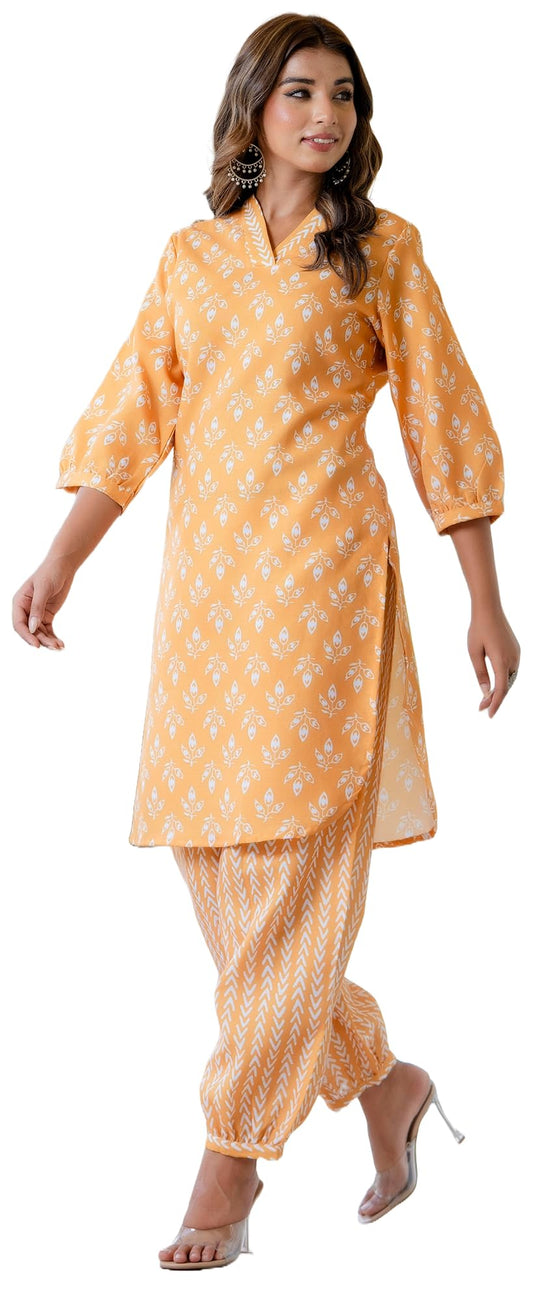LookMark Women's Trendy Printed Cotton Blend Straight White Color Kurta and Afghani Pant Set