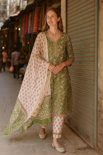 LookMark Women's Cotton Blend Printed Kurta with Pant & Dupatta| Kurta with Pants and Dupatta Set