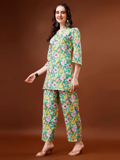 LookMark Women Women's Trendy Printed Cotton Blend Straight Light Green Color Kurta and Palazzo Set (KS2075-XL)