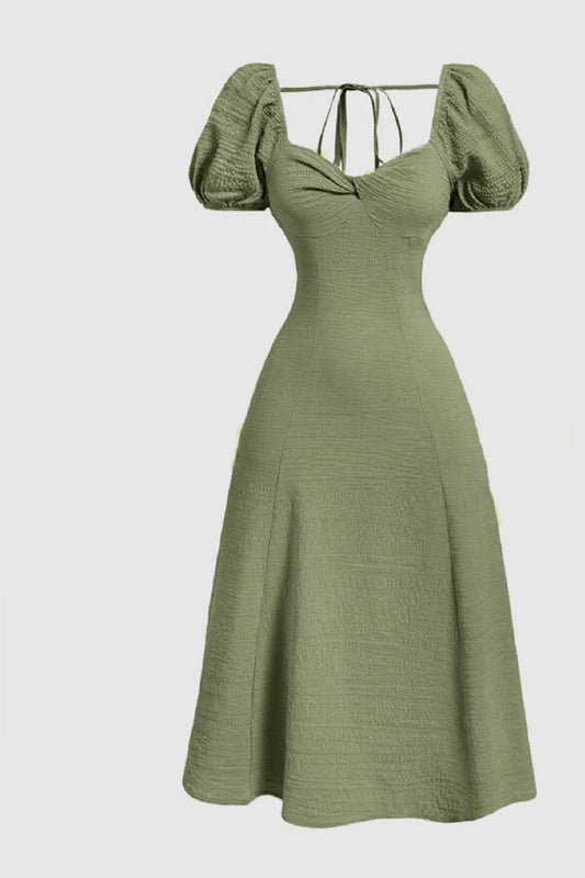 Buttoned Flared Sleeves Empire Midi Dress
