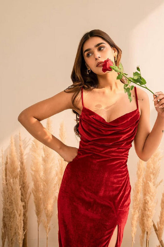 Women's Red Velvet Cowl Neck Dress