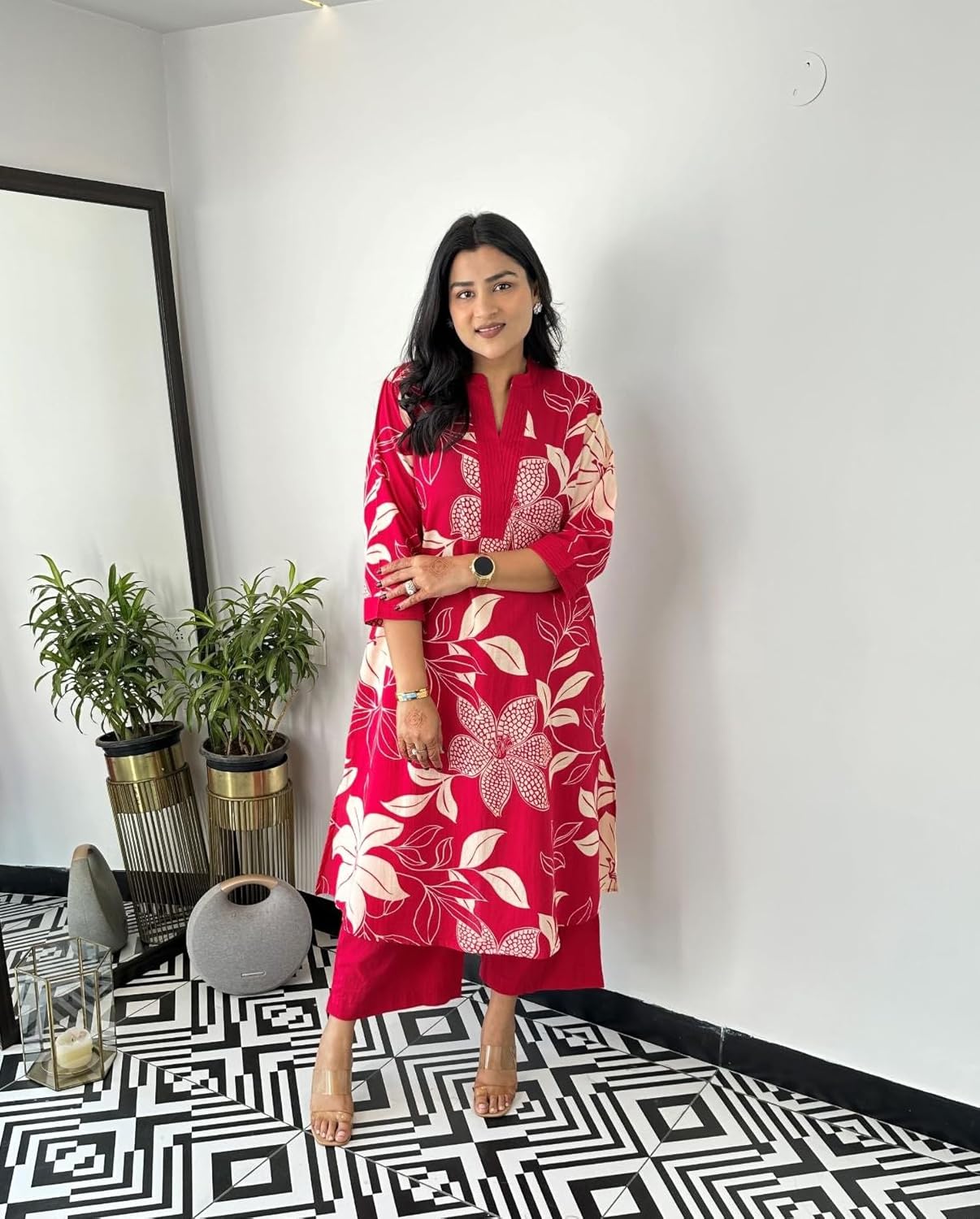 LookMark Women's Floral Printed Cotton Blend 3/4th Sleeve Knee Length V-Neck Kurta and Palazzo Set for Women