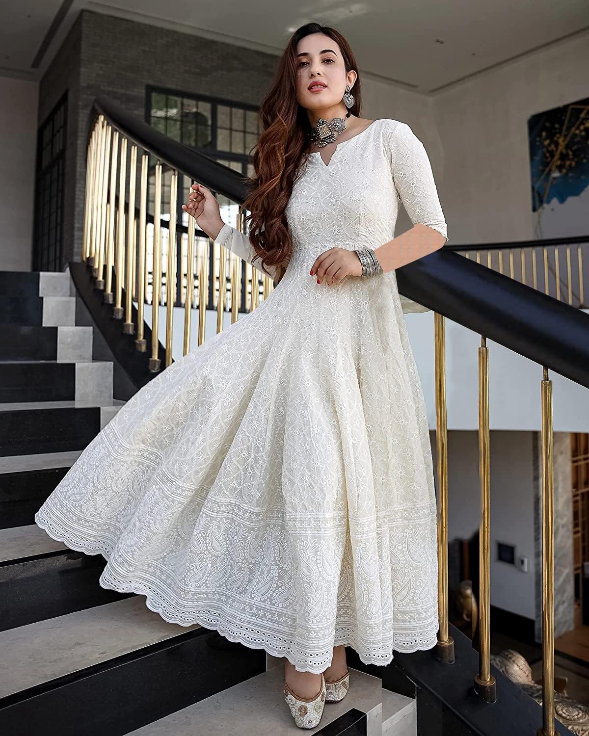LookMark Women's Cotton Straight Fit Straight Chikankari Long Kurti Gown