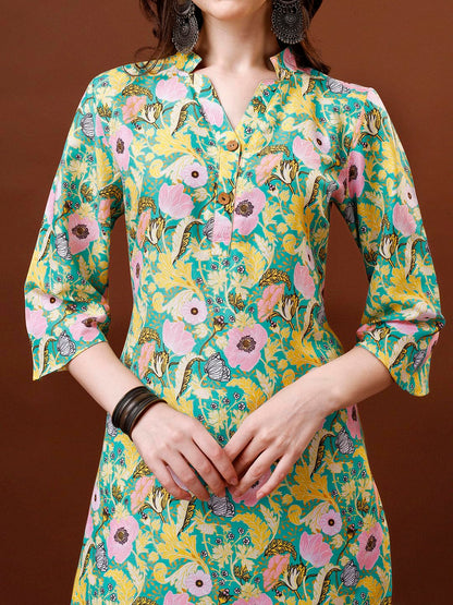 LookMark Women Women's Trendy Printed Cotton Blend Straight Light Green Color Kurta and Palazzo Set (KS2075-XL)
