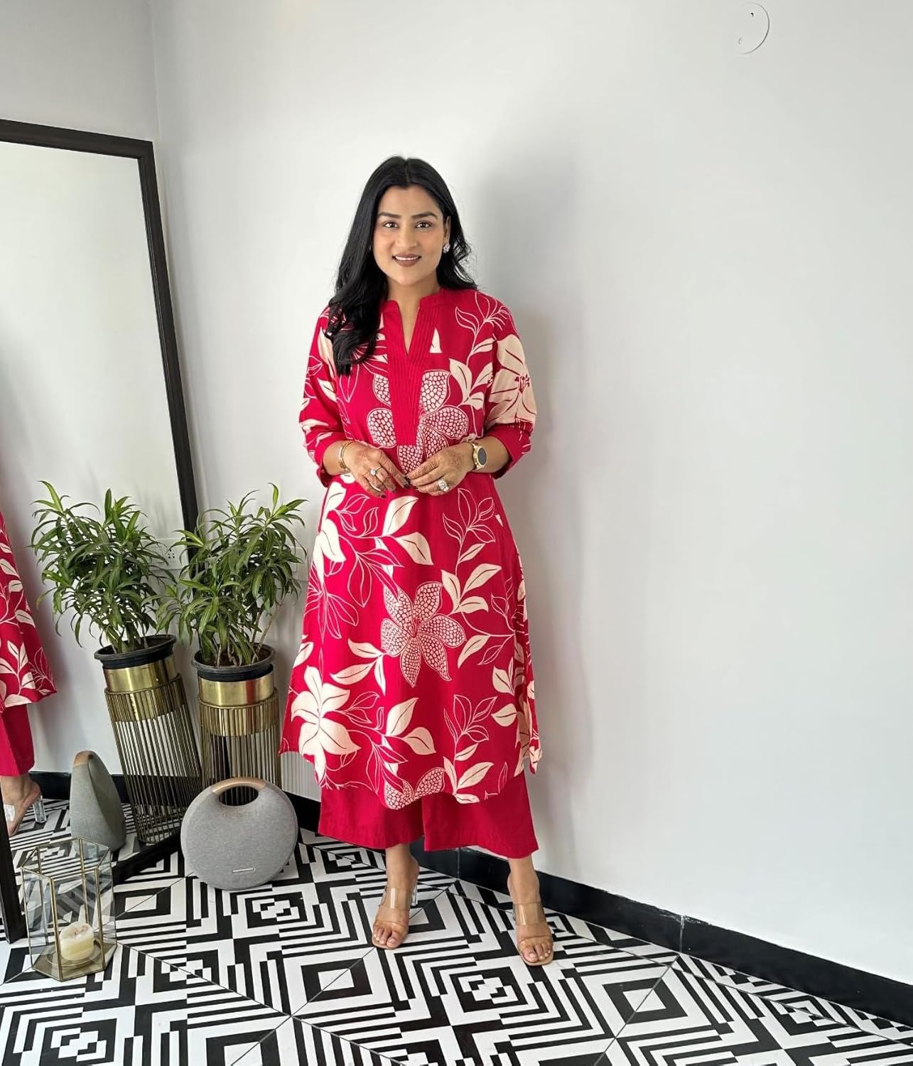 LookMark Women's Floral Printed Cotton Blend 3/4th Sleeve Knee Length V-Neck Kurta and Palazzo Set for Women