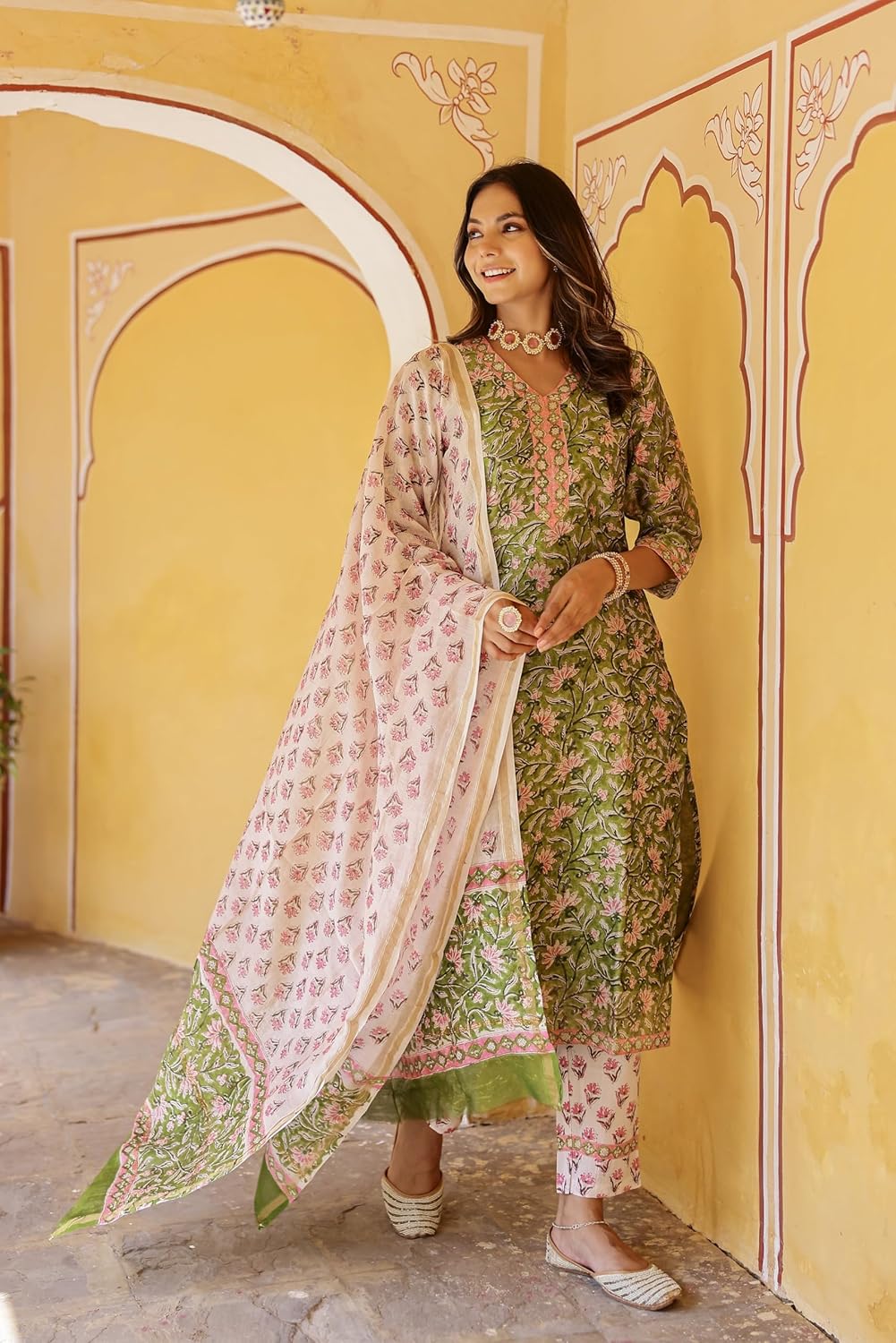 LookMark Women's Cotton Blend Printed Kurta with Pant & Dupatta| Kurta with Pants and Dupatta Set
