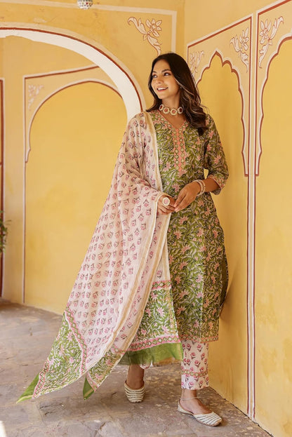 LookMark Women's Cotton Blend Printed Kurta with Pant & Dupatta| Kurta with Pants and Dupatta Set