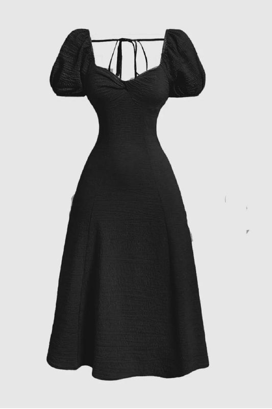 Summer Elegant Solid Color Puff Sleeve Cinch Waist Black Dress