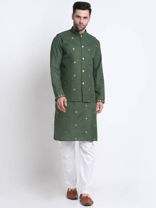 Men ruby cotton sequence embroided mehndi kurta trouser with mehndi nehru jacket set