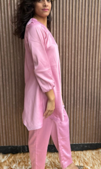 Women's Pink Solid Co-Ord Set with Kurta & Pants