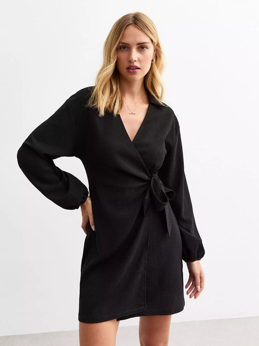 Collar Wrap Mini Dress - Black