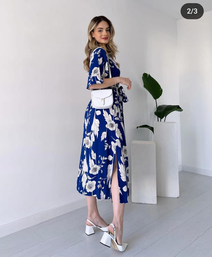 Cotton Midi with V-Neck Gown Dress