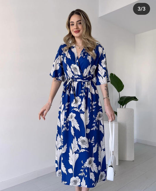Cotton Midi with V-Neck Gown Dress