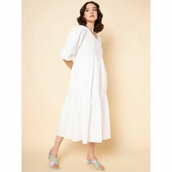 Women Fit and Flare White Midi/Calf Length Dress