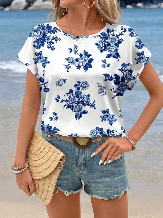 WesternStitchMulticolor Soft Fabric Floral Print Rolled-Up Short Sleeves Round Neckline Relaxed Fit Top For Women & Girls 