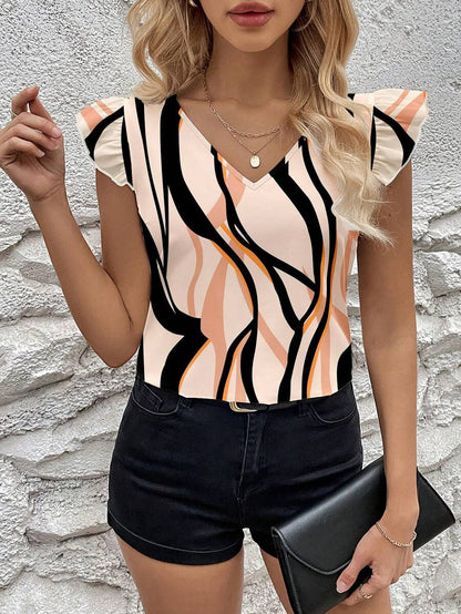 Multicolor Soft Fabric Abstract Stripe Print Rolled-Up  Relaxed Fit Top For Women & Girls 