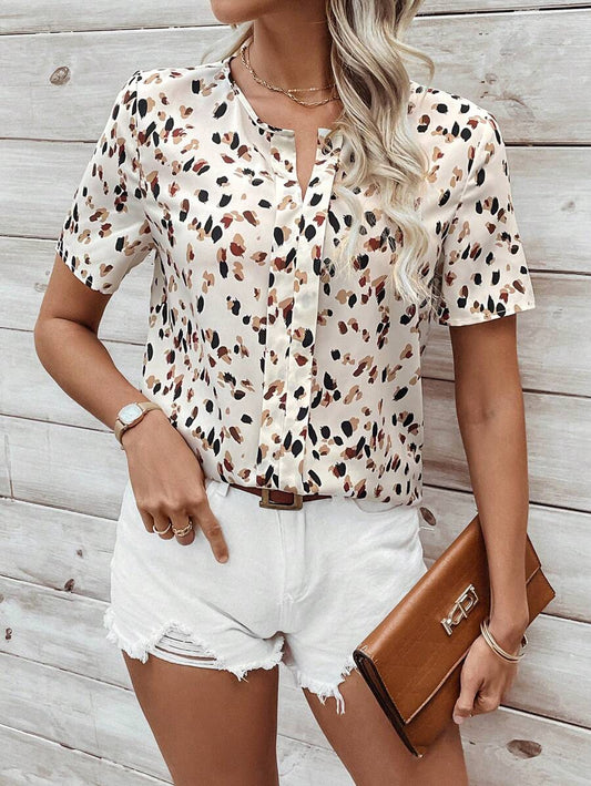 WesternStitchWhite Soft Fabric Abstract Stripe Print Rolled-Up Short Sleeves Round Neckline Relaxed Fit Top For Women & Girls 