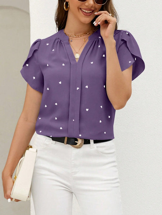 Purple Short Sleeve Embroidered Notched Neck Printed Top 