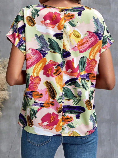 WesternStitchMulticolor Soft Fabric Floral Print Rolled-Up Short Sleeves Women Fit Top 
